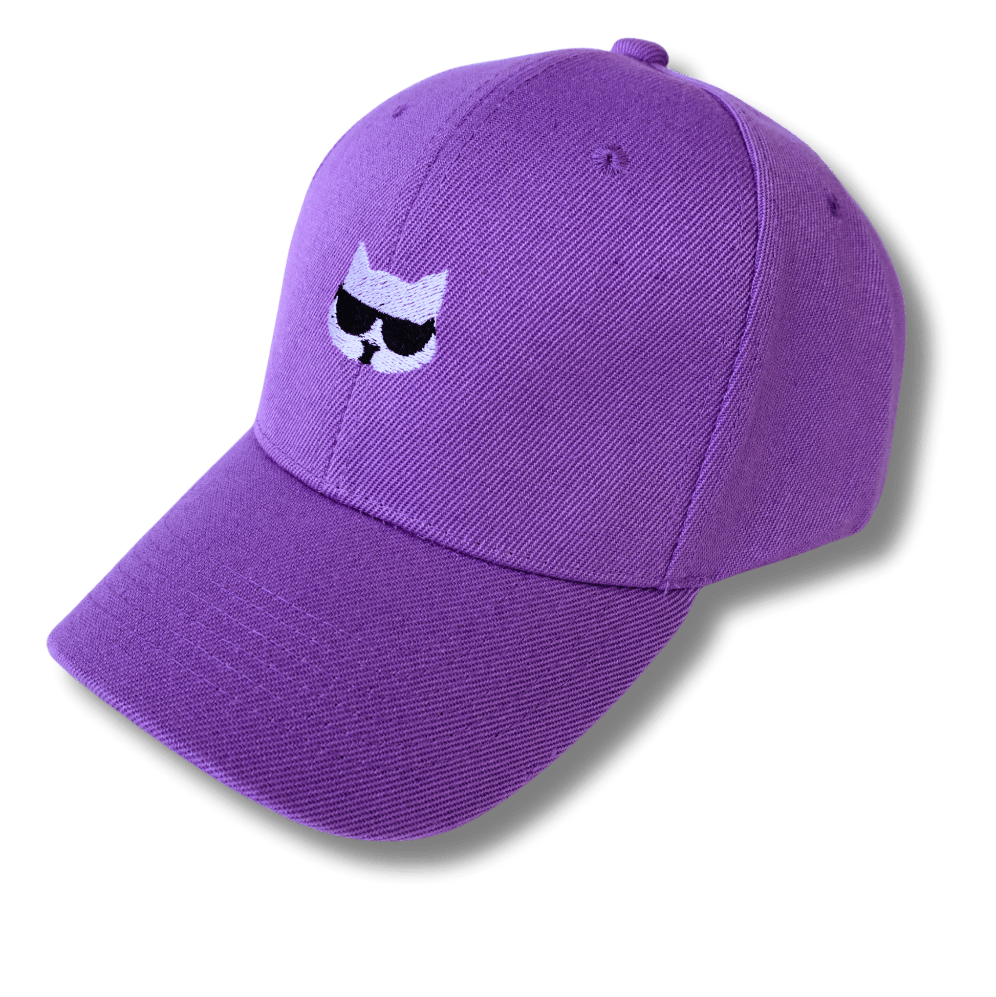 Gorra lila con un gato bordado en el frente